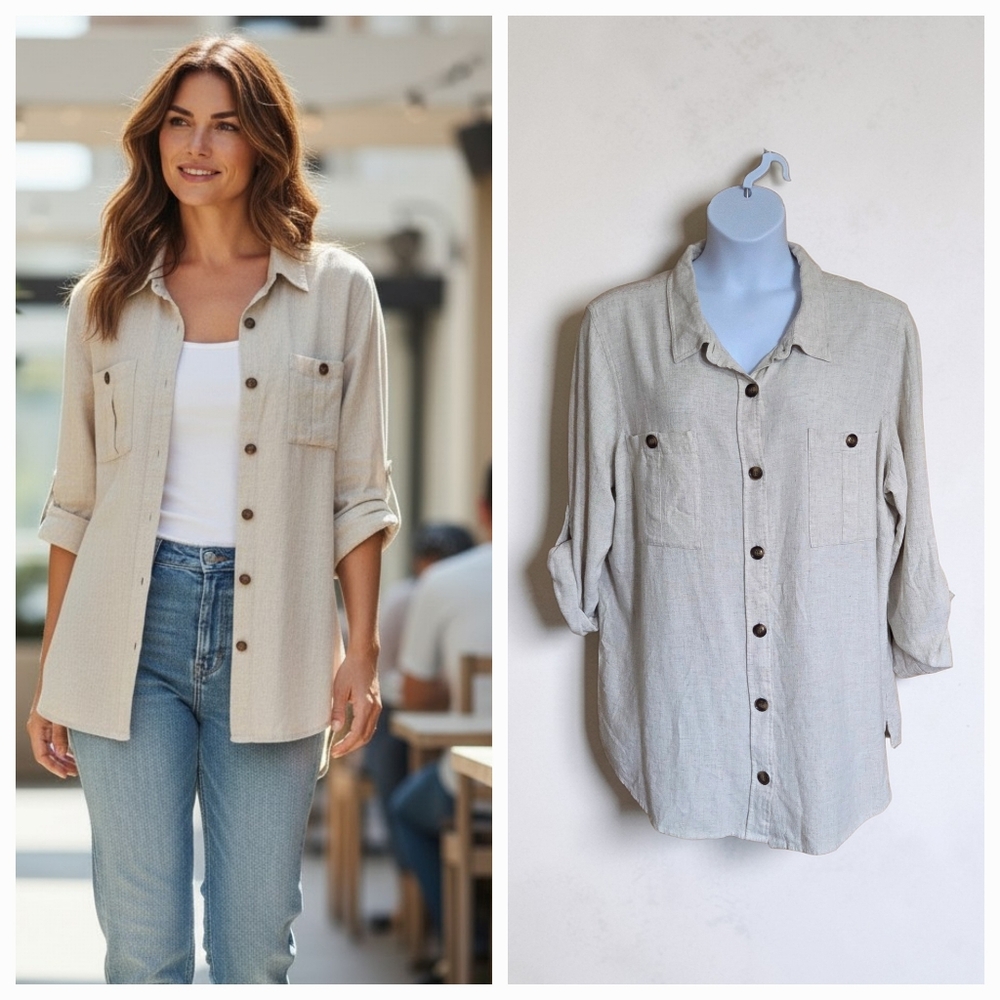 Arula Breeze Natural Linen Blend Button Down Oversized Top Sz A 1X Coastal NWOT